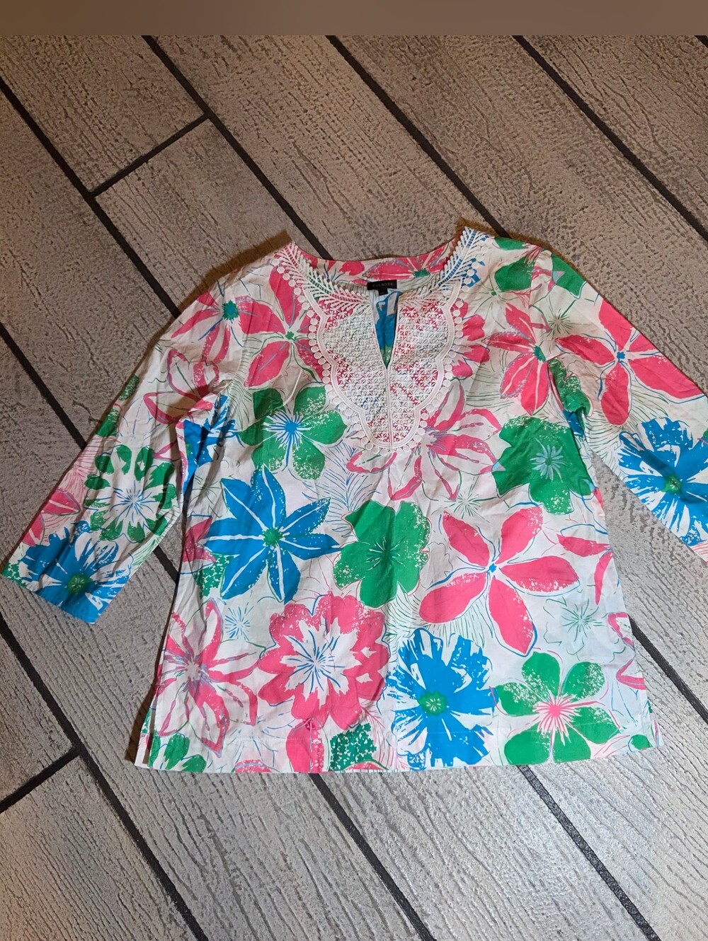 Talbots womens  Floral Popover Tunic - Pink, Green, Blue 100 Cotton Size L